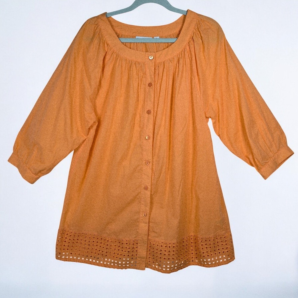 Susan Graver Orange Eyelet Cotton Tunic Shirt 3/4 Sleeve Button Down Women Large